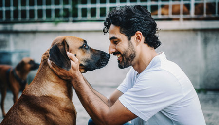 A man with a beard smiles as he gently strokes his dogs face, showing affection and connection.の素材