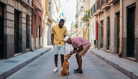 Two men, one in a yellow shirt and the other in a pink shirt, are on a narrow city street with buildings on either side. They are interacting with a small brown dog.の素材