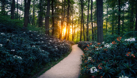 A winding path through a dense forest bathed in warm sunlight, with vibrant flowers lining the way.の素材