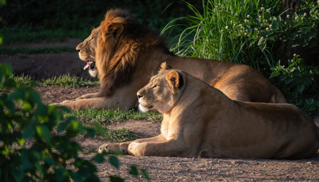 A male lion with a full mane and a lioness lie down in the dappled sunlight of the African savanna, surrounded by lush greenery.の素材