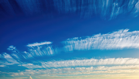A breathtaking expanse of deep blue sky filled with delicate, wispy cirrus clouds, illuminated by the warm glow of a setting sun.の素材