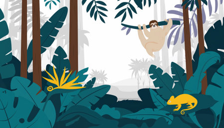 A colorful and lively jungle illustration featuring a sloth hanging from a branch and a chameleon on the forest floor, surrounded by dense tropical plants and trees.の素材