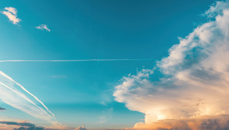 A vibrant sky painted with the warm hues of sunset, featuring dramatic clouds and distinct jet trails.の素材