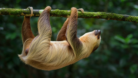 A brown three-toed sloth is captured hanging from a tree branch, its fur blending with the natural environment of a vibrant green forest.の素材