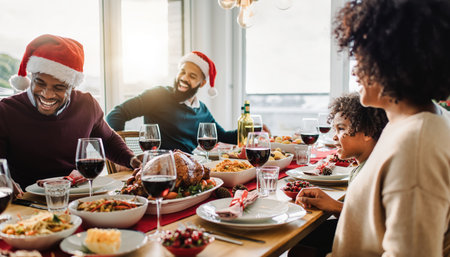 A diverse group of people celebrating Christmas with a traditional feast and red wine, sharing laughter and joy.の素材