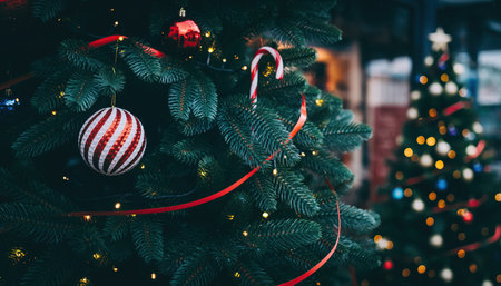 A festive Christmas tree adorned with ornaments, candy canes, and twinkling lights, with another tree blurred in the background.の素材