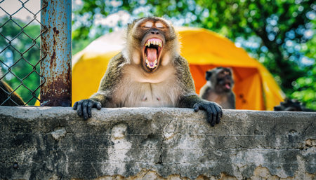 A close-up shot of a monkey with its mouth wide open, appearing to yell or scream. Another monkey is visible in the background behind a yellow tent.の素材