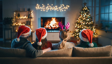 A family wearing Santa hats enjoys a Christmas movie by a cozy fireplace and a decorated tree, creating a warm holiday atmosphere.の素材
