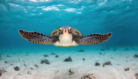 Underwater view of a green sea turtle swimming in its natural habitat, with sandy seabed and sunlight filtering from above.の素材