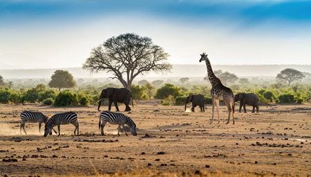 A herd of elephants, giraffes, and zebras graze peacefully on the African savannah during a misty morning sunrise.の素材