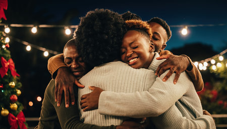 Four friends share a warm hug under string lights, with a decorated Christmas tree nearby, capturing a moment of connection and holiday cheer.の素材