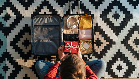 Overhead view of a person sitting on a patterned rug, packing a suitcase with clothes, headphones, and a gift.の素材