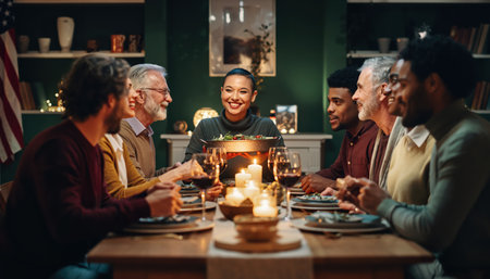 A warm and inviting scene of people of different ages and ethnicities sharing a meal and conversationの素材