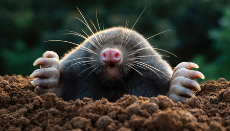 A detailed shot of a mole head and front paws as it surfaces from the earth, showcasing its snout and whiskers.の素材