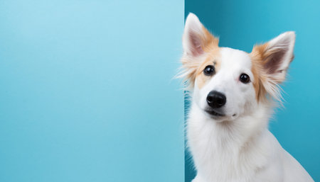 A cute white dog with brown ears and eyes peeks around a bright blue corner, looking directly at the camera with curiosity.の素材