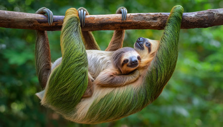A heartwarming image of a mother sloth holding her baby while hanging upside down from a tree branch in a vibrant, green jungle.の素材