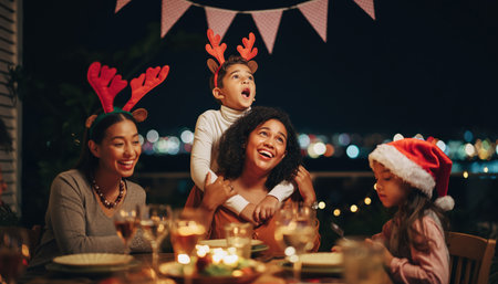 A happy family enjoys a Christmas dinner outdoors, illuminated by fairy lights and candles, with children wearing festive reindeer antlers and a Santa hat.の素材