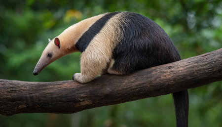 A giant anteater with its distinctive black and white markings sits on a thick tree branch, surrounded by the vibrant green foliage of a forest.の素材