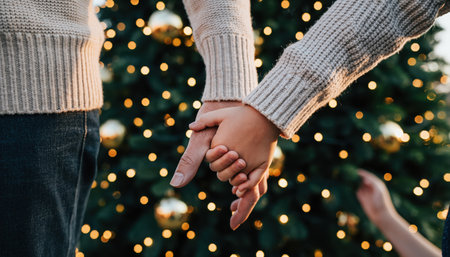 Close-up of a couples hands intertwined, standing before a beautifully lit Christmas tree, evoking warmth and holiday spirit.の素材