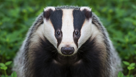 A detailed frontal view of a European badger, highlighting its unique striped face and fur texture amidst lush green vegetation.の素材