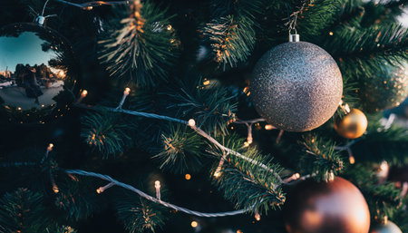 A festive close-up of a Christmas tree, adorned with shimmering ornaments and twinkling lights, evoking a warm holiday spirit.の素材
