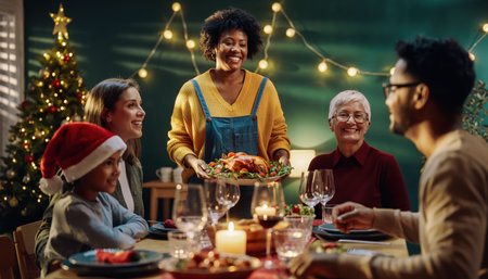 A multi-generational family of different ethnicities gathered around a table for a Christmas meal, sharing laughter and joy.の素材
