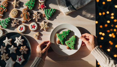Hands arranging festive Christmas tree shaped cookies on a plate, surrounded by a variety of decorated holiday cookies.の素材