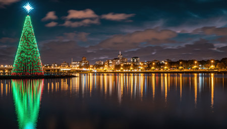 A vibrant green Christmas tree adorned with lights stands tall, its reflection shimmering on the dark water. The city skyline glows with warm lights under a cloudy night sky.の素材