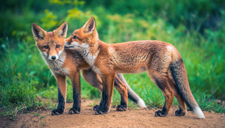 A close-up shot of two beautiful red foxes standing side-by-side in a natural woodland environment, with soft green foliage in the background.の素材