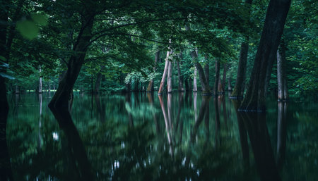 A serene and mysterious cypress swamp shrouded in mist, with tall trees reflected in the dark, still water.の素材