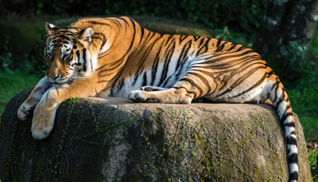 A powerful tiger with striking orange and black stripes reclines on a mossy boulder, its gauze serene amidst the verdant jungle.の素材