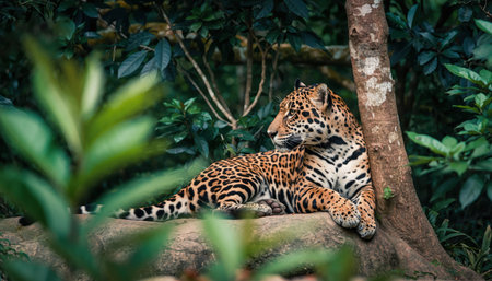 A powerful jaguar reclines on a mossy surface, its spotted coat blending with the vibrant foliage of the Amazon rainforest.の素材