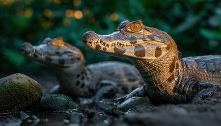 Close-up of two young caimans with detailed scales and patterned skin, resting on a rocky shore. The background is a blur of green foliage, suggesting a natural habitat.の素材