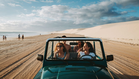 A group of friends on a road trip, driving a jeep on a beach with sand dunes and the ocean in the background.の素材