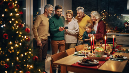 A multi-generational family is gathered together, looking at a smartphone, with a decorated Christmas tree and a festive dining table in the foreground.の素材
