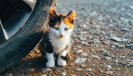 A young calico kitten with striking blue and yellow eyes sits outdoors on a rough, gravelly surface next to a large, worn tire.の素材