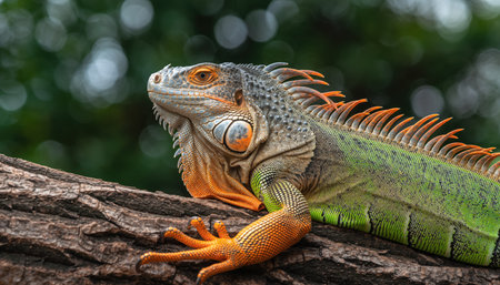 A vibrant green iguana with orange accents rests on a textured tree branch, its scales detailed against a blurred natural background.の素材