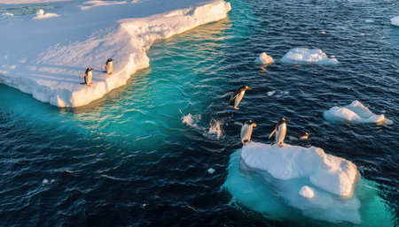 A group of penguins are seen swimming and resting on icebergs in the clear blue waters of the Antarctic.の素材