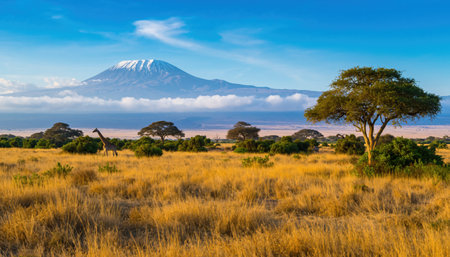 A breathtaking view of Mount Kilimanjaro, its snow-capped summit piercing the clouds, overlooking a vast African savannah dotted with acacia trees and dry grass.の素材