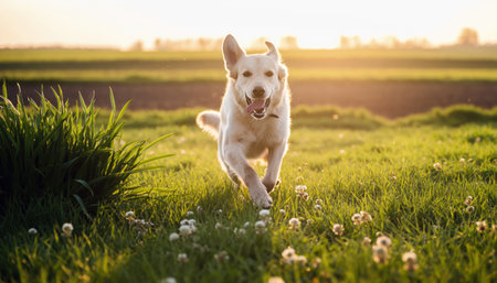 A joyful yellow Labrador retriever runs towards the camera in a sun-drenched meadow, with soft golden light illuminating its fur and the surrounding nature.の素材