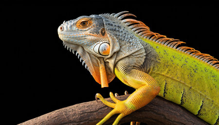 A detailed close-up of a green iguanas head and body, showcasing its scales, crest, and bright orange dewlap.の素材
