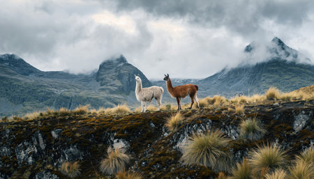 Two llamas, one white and one brown, stand on a grassy ridge with mountains shrouded in clouds behind them.の素材