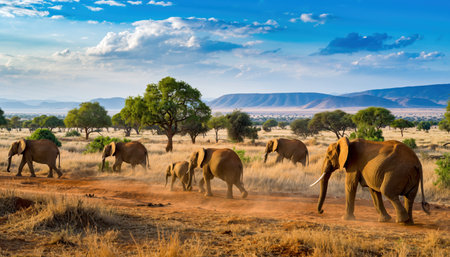 A majestic heritage of elephants, including adults and calves, traverses the arid African savannah. The landscape features scattered acacia trees and distant mountains under a vast, cloud-filled sky.の素材