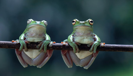 Two adorable white tree frogs sit side-by-side on a thin branch, their green bodies contrasting with their pale undersides. The background is a soft blur of green foliage, suggesting a natural rainforest habitat.の素材