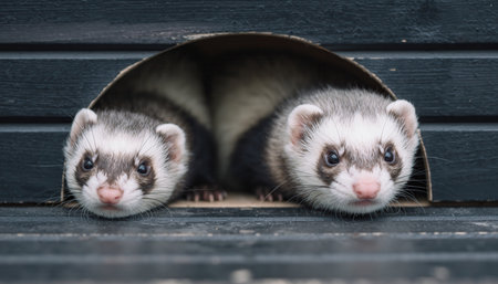 Two adorable ferrets with distinctive facial markings peer out from a dark, curved opening, possibly a burrow or tunnel.の素材