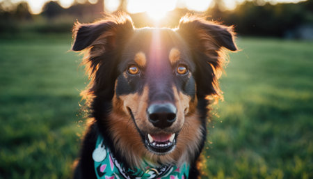 Close-up portrait of a happy Australian Shepherd dog with bright eyes, bathed in the warm glow of golden hour sunlight.の素材