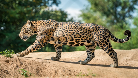 A powerful jaguar with distinctive spotted coat walks along a dirt path, surrounded by vibrant green foliage.の素材