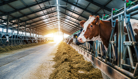 Cows in a modern barn eating hay, with sunlight streaming through the roof at sunrise.の素材