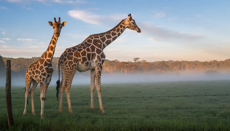 A majestic pair of giraffes stand tall in a serene, misty field as the sun begins to rise, casting a warm glow over the landscape.の素材