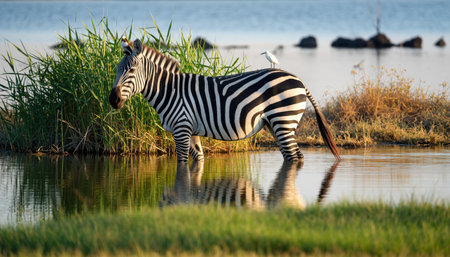 A lone zebra stands in calm water, its reflection visible, surrounded by lush green reeds and a serene natural landscape.の素材